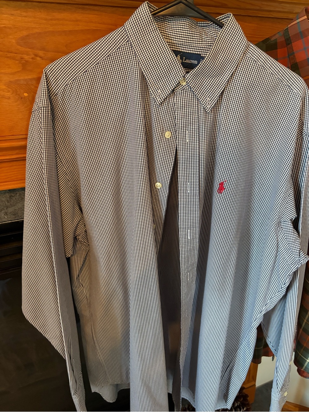 Lauren Ralph Lauren Navy and White Micro-Check Dress Shirt with Red Polo Logo